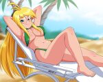  1girl absurdres agatha_heterodyne ahoge arms_up bare_legs barefoot beach bikini blonde_hair blush breasts chair cleavage closed_mouth commentary commission covered_nipples danmakuman english_commentary girl_genius green_bikini green_eyes halter_top halterneck highres large_breasts long_hair looking_at_viewer lounge_chair lying navel on_back round_eyewear sidelocks smile solo swimsuit very_long_hair 