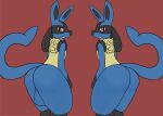  absurd_res anthro balls butt butt_focus canid duo female fur genitals hi_res looking_at_viewer lucario male male/female mammal nintendo nude pok&eacute;mon pok&eacute;mon_(species) presenting presenting_balls presenting_hindquarters rear_view simple_background smile swoomy video_games 