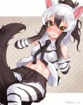  1girl aardwolf_(kemono_friends) aardwolf_ears aardwolf_print aardwolf_tail abs absurdres animal_ears bangs bare_shoulders between_legs black_hair black_necktie black_shorts blush breast_pocket brown_eyes dutch_angle elbow_gloves embarrassed feet_out_of_frame gloves hair_between_eyes hand_on_own_cheek hand_on_own_face hands_up high_ponytail highres kedama_(ughugjydthjdf) kemono_friends legwear_under_shorts medium_hair midriff_peek multicolored_hair navel necktie nose_blush pantyhose parted_lips pocket print_gloves print_legwear print_shirt shirt short_shorts shorts sleeveless sleeveless_shirt solo stomach tail tail_between_legs toned twitter_username two-tone_hair wavy_mouth white_hair 