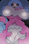  big_breasts black_background black_sclera bodily_fluids breasts censored female genital_fluids hatterene huge_breasts humanoid looking_at_viewer low-angle_view nintendo not_furry nude open_mouth pok&eacute;mon pok&eacute;mon_(species) pussy_juice simple_background solo uenositasayuu video_games 