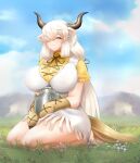  1girl ^_^ absurdres ahoge animal_ears arm_rest bangs bare_arms bare_legs barefoot black_horns breasts brown_horns closed_eyes collared_shirt day dress extra_ears flower full_body gloves grass hair_over_one_eye highres horns huge_breasts impossible_clothes impossible_dress kemono_friends kemono_friends_3 long_hair mountainous_horizon multicolored_horns neck_ribbon nelly_(altsarespicy) outdoors ox_ears ox_girl ox_horns parted_bangs ribbon shirt short_dress short_sleeves sidelocks sitting sky solo tail very_long_hair white_dress white_hair wing_collar yak_(kemono_friends) yellow_shirt 