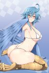 1girl ahoge alternate_breast_size ass bangs bare_shoulders bikini bird_legs blue_background blue_hair blue_wings blush breasts feathered_wings feathers hair_between_eyes harpy highleg highleg_bikini highres large_breasts lindaroze looking_at_viewer medium_hair midriff monster_girl monster_musume_no_iru_nichijou paid_reward_available papi_(monster_musume) parted_lips patreon_username solo swimsuit talons thick_thighs thighs twitter_username white_bikini winged_arms wings yellow_eyes 