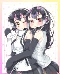  2girls african_penguin_(kemono_friends) animal_ears black_eyes black_hair closed_mouth highres hug hug_from_behind humboldt_penguin_(kemono_friends) kedama_(ughugjydthjdf) kemono_friends kemono_friends_v_project long_hair looking_at_viewer microphone multiple_girls red_eyes revision shirt simple_background skirt smile tail virtual_youtuber yellow_eyes yuri 