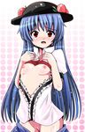  bad_id bad_pixiv_id blue_hair bra bra_lift breasts fa_no_hito hat hinanawi_tenshi lingerie long_hair looking_at_viewer nipples nude open_clothes open_shirt polka_dot polka_dot_background pussy red_eyes shirt skirt skirt_pull small_breasts solo tears touhou underwear 