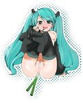  anal anus aqua_eyes aqua_hair arima_natsubon ass blush breasts censored detached_sleeves fat_mons feet hatsune_miku long_hair negi_suppository nipples nude object_insertion pussy pussy_juice saliva small_breasts solo spring_onion sweat tears thighhighs toe_scrunch twintails v vocaloid 