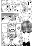  2girls blush breasts daigo greyscale hard_translated hetero highres large_breasts monochrome multiple_girls nipples open_clothes open_shirt school_uniform shirt sisters_(manga) sweat translated 