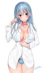  1girl bikini blue_bikini blue_eyes blue_hair blush breasts buttons choker cleavage collarbone jewelry large_breasts long_hair long_sleeves looking_at_viewer matarou_(genkai_toppa) necklace original see-through_silhouette shirt simple_background smile solo star star_necklace swimsuit unbuttoned white_background white_shirt 