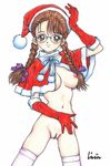  braid breasts christmas copyright_request glasses gloves jinjin medium_breasts pussy red_gloves santa_costume solo thighhighs twin_braids uncensored 