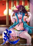  blue_hair blush boots cover cover_page cum cum_on_clothes food fruit hat hinanawi_tenshi long_hair mikage_baku panties panty_pull peach red_eyes solo touhou underwear white_panties 