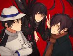  1girl 2boys black_eyes black_hair commentary_request crossed_arms facial_hair fate/grand_order fate_(series) fedora gloves hair_over_one_eye hat highres long_hair low_ponytail multiple_boys okada_izou_(fate) orange_eyes oryou_(fate) pink_eyes ponytail red_background sakamoto_ryouma_(fate) scarf smile stubble usamimikurage v white_gloves 