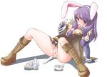  alchemist_(ragnarok_online) animal_ears arima_natsubon boots bunny_ears cape censored cum cum_on_clothes elbow_gloves fingerless_gloves flask gloves long_hair no_panties pink_eyes purple_eyes purple_hair pussy pussy_juice ragnarok_online saliva sitting solo sweat test_tube 