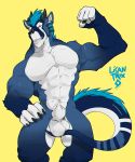  abs animal_genitalia balls blue_fur dragon flexing fully_sheathed fur furred_dragon hand_on_hip horn licantrox male muscular muscular_male nude sheath simple_background solo watermark white_balls white_fur yellow_background 