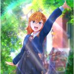  1girl :d arm_up bangs belt belt_buckle blue_jacket blurry blurry_background buckle collared_shirt commentary dated dress grey_dress hair_between_eyes highres hinata2325 jacket light_rays long_hair looking_at_viewer love_live! love_live!_superstar!! orange_hair outdoors pinafore_dress purple_eyes school_uniform shibuya_kanon shirt shrug_(clothing) signature smile solo string_tie sunlight swept_bangs teeth tongue upper_teeth waving white_shirt winter_uniform yuigaoka_school_uniform 