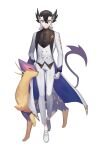  1boy alternate_costume bangs black_hair black_necktie brown_vest closed_mouth coat collared_shirt commentary_request gloves green_eyes grey_hair grimsley_(pokemon) hair_between_eyes liepard long_sleeves male_focus mongguri multicolored_hair necktie open_clothes open_coat pants pokemon pokemon_(creature) pokemon_(game) pokemon_sm shirt shoes smile standing two-tone_hair vest white_background white_footwear white_pants white_vest 