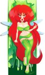  1girl absurdres bare_shoulders betilla_(rayman) breasts commentary english_commentary fairy full_body green_footwear highres large_breasts lipgloss lipstick long_hair makeup navel oigresd open_mouth rayman red_hair red_lips shirt solo tight tight_shirt v very_long_hair wings 