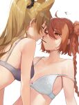  2girls absurdres ahoge animal_ears bangs bare_shoulders blush bra braid breasts brown_hair cleavage closed_eyes food hair_bun hair_ornament hair_scrunchie highres ihachisu looking_at_another medium_breasts multiple_girls orange_eyes original pocky pocky_kiss ponytail purple_bra scrunchie simple_background single_braid single_side_bun small_breasts strap_slip underwear upper_body white_background white_bra yuri 