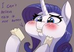  absurd_res blue_eyes blush bodily_fluids dialogue eating english_text equid equine female friendship_is_magic hair hi_res horn i_can&#039;t_believe_it&#039;s_not_butter mammal my_little_pony not_butter purple_hair rarity_(mlp) solo tears text underpable unicorn 