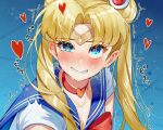  1girl bangs bishoujo_senshi_sailor_moon blonde_hair blue_eyes blush choker circlet clenched_teeth collarbone double_bun hair_bun heart heart-shaped_pupils highres ihachisu looking_afar meme nose_blush open_mouth parted_bangs sailor_collar sailor_moon sailor_moon_redraw_challenge_(meme) shirt solo sweat symbol-shaped_pupils teeth trembling tsukino_usagi twintails upper_body white_shirt 