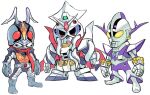  aburaya_tonbi alien chibi commentary_request compati_hero crossover fusion gundam ikadevil kamen_rider kamen_rider_1 looking_at_viewer mecha mobile_suit_gundam multiple_crossover open_hands red_eyes robot rx-78-2 science_fiction tokusatsu ultra_series ultraman ultraman_(1st_series) white_background zeong zetton 