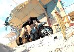  1girl absurdres bengal black_jacket black_skirt blonde_hair dutch_angle from_below ground_vehicle highres jacket long_hair miniskirt motor_vehicle motorcycle panties pantyshot scenery skirt sky solo underwear upskirt 