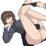  1girl 1other :o bangs black_panties black_skirt brown_eyes brown_hair clothes_pull commentary dress_shirt english_commentary finger_to_mouth girls_und_panzer grey_shirt half-closed_eyes highres huaronanago knees_up kuromorimine_school_uniform leg_up long_sleeves looking_at_viewer lying miniskirt nishizumi_maho on_back open_mouth out_of_frame panties panty_pull pleated_skirt pulled_by_another pulled_by_self school_uniform shirt simple_background skirt skirt_pull sweat underwear white_background yuri 