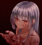  black_background bleeding blood blood_on_face blood_on_hands collarbone degtyaryov2952 from_above grey_hair looking_at_viewer naraku naraku_2 neun_02 nude red_eyes simple_background upper_body 