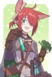  1girl :d ahoge animal_ears arknights bangs black_cloak bow brown_bow brown_gloves brown_hairband cloak commentary_request drawdrawdeimos gloves green_background green_eyes grey_shirt hair_bobbles hair_bow hair_ornament hair_over_one_eye hairband highres holding myrrh_(arknights) plant red_hair shirt smile solo two-tone_background upper_body vial white_background 