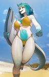  anthro beach big_breasts bikini biped blue_eyes blurred_background breasts butt_from_the_front camel_toe clothed clothing colored crocodilian digital_media_(artwork) dutch_angle female front_view genital_outline hair happy hi_res holding_object holding_surfboard janjin192 looking_away low-angle_view multicolored_body navel open_mouth open_smile outside portrait pussy_outline reptile running scalie seaside smile solo swimwear teal_hair thigh_gap three-quarter_portrait tongue 