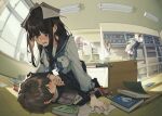  2boys 2girls absurdres accident black_hair blue_skirt blush book brown_hair carrying chair cheese_kang chitanda_eru classroom clumsy curtains day desk embarrassed fallen_down fingernails fisheye fukube_satoshi gakuran hair_over_eyes highres hyouka ibara_mayaka indoors long_hair looking_at_another lying multiple_boys multiple_girls on_back oreki_houtarou paper school_uniform serafuku shelf skirt tripped window 