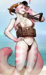  2022 anthro assault_rifle big_breasts bikini blurred_background breasts camel_toe chest_tuft clothed clothing colored digital_media_(artwork) ear_piercing eye_through_hair facial_piercing female fur genital_outline gun hair hand_on_hip harness hat headgear headwear hi_res holding_object holding_weapon horn hybrid janjin192 lagomorph leporid lip_piercing looking_at_viewer mammal multicolored_body multicolored_fur navel open_mouth outside piercing pink_eyes portrait pussy_outline rabbit ranged_weapon rifle skimpy smile snakebite_piercing solo standing swimwear text three-quarter_portrait three-quarter_view translucent translucent_hair tuft url weapon 