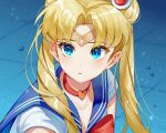  1girl bangs bishoujo_senshi_sailor_moon blonde_hair blue_eyes blush choker circlet collarbone double_bun hair_bun highres ihachisu looking_afar meme parted_bangs parted_lips sailor_collar sailor_moon sailor_moon_redraw_challenge_(meme) shirt solo tsukino_usagi twintails upper_body white_shirt 