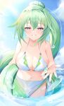  1girl absurdres bikini bimmy blue_sky breasts choujigen_game_neptune cloud collarbone day green_hair green_heart highres holding large_breasts long_hair looking_at_viewer neptune_(series) parted_lips ponytail purple_eyes sky smile solo swimsuit water 