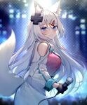  1girl animal_ear_fluff animal_ears bangs black_gloves blue_eyes blue_necktie blush clothing_cutout d-pad d-pad_hair_ornament fox_ears fox_girl fox_tail gloves grin hair_ornament hairclip highres holding holding_microphone ihachisu long_hair long_sleeves looking_at_viewer looking_to_the_side meridian_project microphone mizuki_(vtuber) necktie shoulder_cutout skirt smile solo tail teeth upper_body virtual_youtuber white_hair white_skirt 