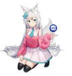  1girl animal_ear_fluff animal_ears bangs black_legwear blue_eyes blue_necktie breasts closed_mouth collared_shirt d-pad d-pad_hair_ornament discord_logo hair_ornament hairclip highres ihachisu kneeling long_hair long_sleeves looking_at_viewer meridian_project mizuki_(vtuber) necktie off-shoulder_sweater off_shoulder pink_sweater shirt simple_background skirt small_breasts smile solo sweater tail thighhighs virtual_youtuber white_background white_hair white_shirt white_skirt wolf_ears wolf_girl wolf_tail 