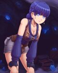  1girl azzypics bent_over blue_eyes blue_hair breasts cave cleavage cleavage_cutout clothing_cutout crystal curvy detached_sleeves genshin_impact gloves hands_on_own_knees highres shorts signature thick_thighs thighs 