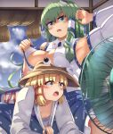 2girls arm_up armpits bangs bare_shoulders blonde_hair blush breast_rest breasts breasts_on_head clothes_pull collar_tug covered_nipples day detached_sleeves downblouse electric_fan fanning_self fingernails flat_chest frog frog_hair_ornament green_eyes green_hair hair_ornament hair_tubes hat height_difference highres hot houshiruri kochiya_sanae large_breasts long_hair long_sleeves looking_at_object lying moriya_suwako motion_blur multiple_girls nipples no_bra on_stomach open_clothes open_mouth open_shirt pulled_by_self shirt shirt_pull sitting skirt snake snake_hair_ornament spread_legs summer sweat touhou v-shaped_eyebrows very_long_hair wide_sleeves yellow_eyes 