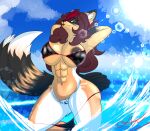  abs absurd_res anthro axelwolf bikini canid canine clothed clothing curvy_figure female fox hair hi_res light light_beam long_hair makeup mammal nipple_slip partially_clothed pinup pose presenting sea solo summer sun sunbeam sunlight swimwear underwear underwear_down water wide_hips 