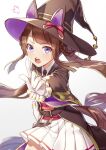  1girl akatsuki_(kuon) angry animal_ears blush brown_hair commentary_request gloves hair_rings hat horse_ears horse_girl horse_tail looking_at_viewer pointing purple_eyes simple_background solo sweep_tosho_(umamusume) tail twintails umamusume white_background witch_hat 