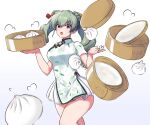  1girl :o alternate_costume anchovy_(girls_und_panzer) armorganger china_dress chinese_clothes commentary_request dim_sum dress drill_hair food girls_und_panzer green_hair holding holding_food korean_commentary long_hair simple_background solo twin_drills twintails white_background yellow_eyes 