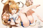  1girl ahoge animal_ears animal_hands ass barefoot belt blue_shorts blush breasts brown_hair cleavage cutoffs denim denim_shorts facebook_username fangs gloves hair_ornament hairclip highres ihachisu large_breasts legs_up lion_ears lion_girl lion_tail long_hair looking_at_viewer lying off-shoulder_shirt off_shoulder on_back open_mouth original outstretched_arm paw_gloves ponytail shirt short_sleeves shorts skin_fangs smile solo sparkle tail tied_shirt twitch_username v-shaped_eyebrows white_shirt yellow_eyes 