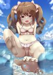  1girl :d bikini brown_eyes brown_hair curly_hair feet frilled_bikini frills hair_ribbon highres long_hair looking_at_viewer magia_record:_mahou_shoujo_madoka_magica_gaiden mahou_shoujo_madoka_magica navel open_mouth pikuru plaid plaid_bikini ribbon satomi_touka sitting smile soles solo swimsuit 