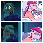  1:1 band-aid band-aid_on_face bandage bed bodily_fluids equid equine facial_hair flurry_heart_(mlp) friendship_is_magic furniture green_eyes green_hair hair hasbro hi_res horn mammal my_little_pony on_bed princess_cadance_(mlp) queen_chrysalis_(mlp) redxbacon shining_armor_(mlp) spikes sweat sweatdrop under_covers unicorn 
