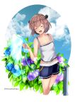 1girl absurdres alternate_costume blue_shorts blue_sky breasts brown_hair camisole casual closed_eyes cloud cowboy_shot flower hair_flower hair_ornament headgear highres himura_moritaka hose hydrangea kantai_collection open_mouth short_hair shorts sky small_breasts smile solo speaking_tube_headset standing water white_camisole yukikaze_(kancolle) yukikaze_kai_ni_(kancolle) 