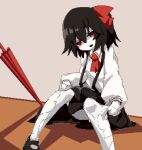 1girl ascot bangs black_footwear black_hair black_skirt bow colored_skin commentary_request cookie_(touhou) fang foot_out_of_frame hair_bow highres long_sleeves looking_at_viewer medium_hair moulting open_mouth pixel_art red_ascot red_bow red_eyes red_umbrella shaded_face shirt sitting siyudi_(cookie) skin_fang skirt solo sparseseethe suspender_skirt suspenders umbrella white_shirt white_skin 