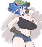  1girl bangs blue_eyes blue_hair breasts cleavage flat_cap frogsnake gloves hair_bobbles hair_ornament hat huge_breasts kawashiro_nitori key medium_hair open_mouth short_twintails sidelocks solo touhou twintails two_side_up 
