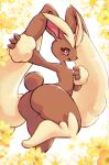  2022 3_fingers absurd_res ambiguous_gender anthro big_butt blush bottom_heavy brown_body brown_fur butt chromatic_aberration digital_media_(artwork) fingers fur girly hi_res ingi lagomorph leporid long_ears looking_back lopunny makeup mammal mascara neck_tuft nintendo one_leg_up open_mouth pok&eacute;mon pok&eacute;mon_(species) raised_leg rear_view red_eyes scut_tail short_tail signature solo standing thick_thighs tuft video_games wide_hips 