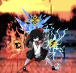  1girl ascot bangs black_hair black_skirt blurry blurry_background bow colored_skin commentary_request cookie_(touhou) electricity fire full_body hair_bow highres holding holding_umbrella ice looking_at_viewer open_mouth red_ascot red_bow red_eyes red_umbrella road_sign shirt side_ponytail sign siyudi_(cookie) skirt smile solo sparseseethe suspender_skirt suspenders umbrella warning_sign white_shirt white_skin 