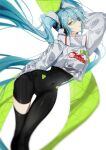  1girl aqua_eyes aqua_hair bangs black_bodysuit black_gloves black_legwear bodysuit breasts commentary covered_navel feet_out_of_frame flag gloves goodsmile_racing gradient hatsune_miku head_tilt highres indai_(3330425) long_hair long_sleeves looking_at_viewer mele_ck racing_miku racing_miku_(2022) see-through si simple_background single_thighhigh solo standing thighhighs thighs twintails very_long_hair vocaloid 