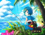  1girl absurdres alolan_exeggutor blue_eyes blue_hair blue_pants bright_pupils cloud commentary_request day fishing_line fishing_rod flower hairband highres kunimaki_(szxo7vln2nssgce) lana_(pokemon) litten looking_at_viewer looking_back no_sclera one-piece_swimsuit outdoors palm_tree pants pink_flower pokemon pokemon_(creature) pokemon_(game) pokemon_sm shirt short_hair sitting sky sleeveless sleeveless_shirt swimsuit swimsuit_under_clothes tree white_pupils white_shirt yellow_hairband 