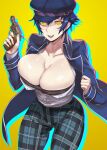  1girl absurdres blue_hair blue_headwear breasts cabbie_hat cleavage gun hair_between_eyes hat highres holding holding_gun holding_weapon huge_breasts ippo jacket looking_at_viewer open_clothes open_jacket open_mouth persona persona_4 shadow_naoto shiny shiny_skin shirogane_naoto shirt short_hair solo weapon white_shirt yellow_eyes 